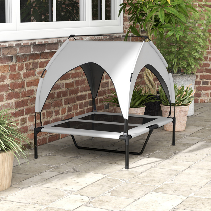 PawHut Elevated Dog Bed with Canopy, Pet Bed, Outdoor Dog Lounger with Roof, Breathable, for Large Dogs Light Grey Oxford 91 x 76 x 89 cm | Aosom