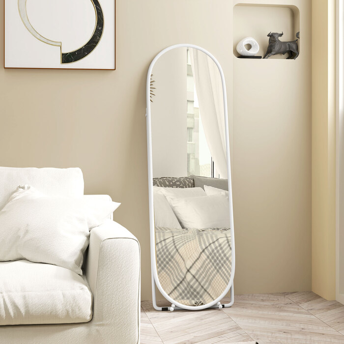 HOMCOM Full Length Mirror, 160 x 40 cm Wall Mirror with Stand, Metal Frame, Oval Standing Mirror for Living Room, Bedroom, White | Aosom