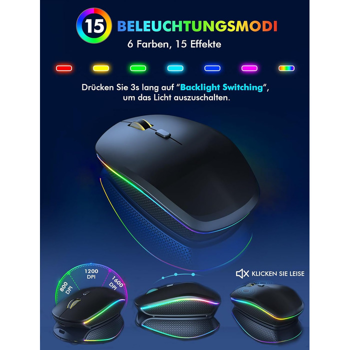 Бездротова клавіатура та миша з підсвічуванням, USB-C, тиха, для Mac/Windows/PC/Laptop, QWERTY (Чорний)