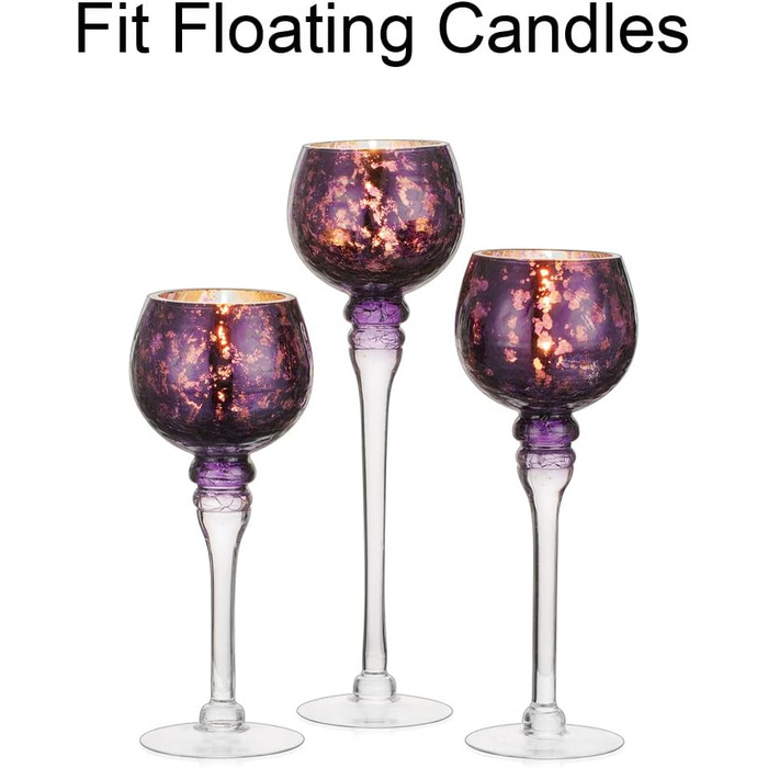 Glass Tealight Holder Set - 3 Pieces Mercury Glass Candle Holders for Table Decoration. Tealight Glasses for Pillar and Floating Candles, Christmas, Living Room Decor (Purple)