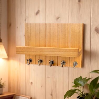 Дерев'яне ключниця з полицею, 5 гачків, для прихожей, вітальні, спальні - жовтий колір