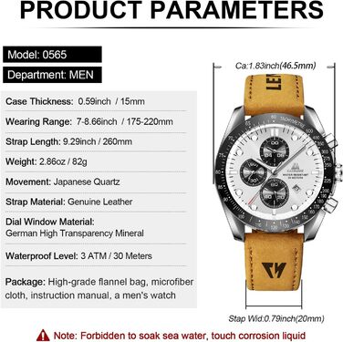 Годинник чоловічий LN LENQIN: аналоговий кварцовий годинник з датою, водостійкий 30M, модальний дизайн (колір: коричневий, срібний, білий)