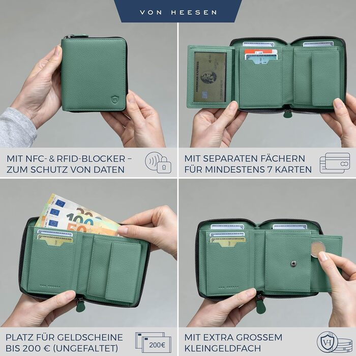 VON HEESEN гаманець із натуральної шкіри з RFID-захистом, бірюзовий, для чоловіків та жінок, з монетницею