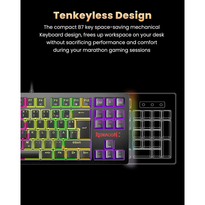 Redragon K552 Комплект: Механічна клавіатура та миша для геймінгу з RGB-підсвічуванням, brown switches, 4200 DPI, QWERTZ DE Layout