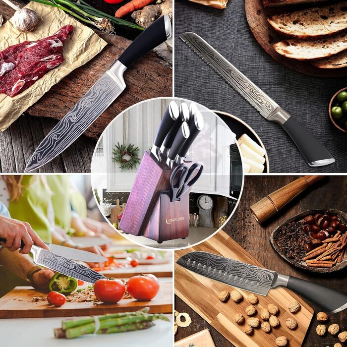 Набір кухонних ножів HOABLORN з дерев'яним блоком: професійний набір ножів для дому, кухні, приготування їжі, подарунок на весілля або новосілля