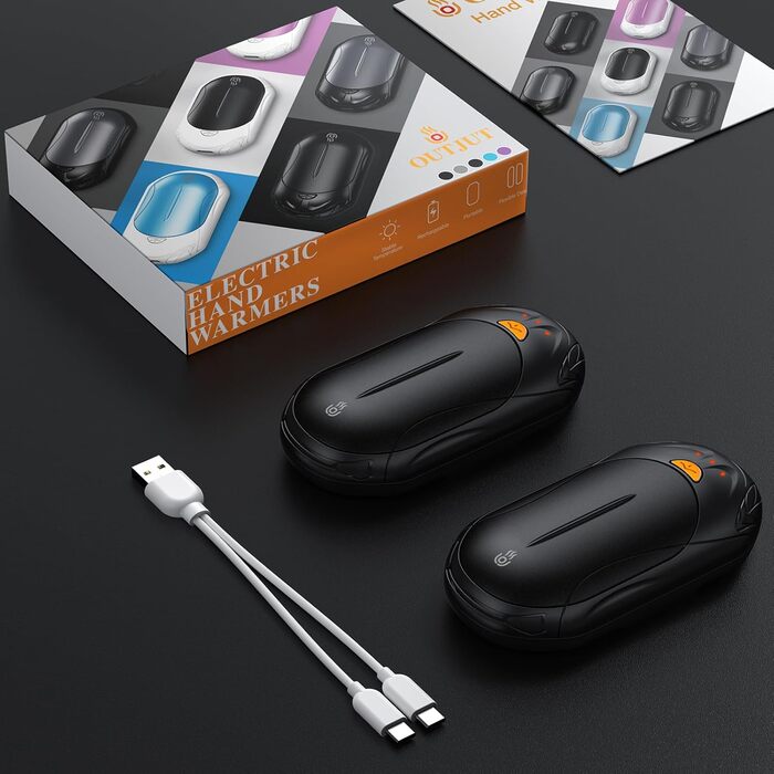 Електричний грілка для рук 2-в-1 OUTJUT 6000mAh, USB, акумулятор, 20 годин роботи, 3 режими нагріву, швидкий нагрів, для спорту на відкритому повітрі взимку, подарунок на Різдво, чорний