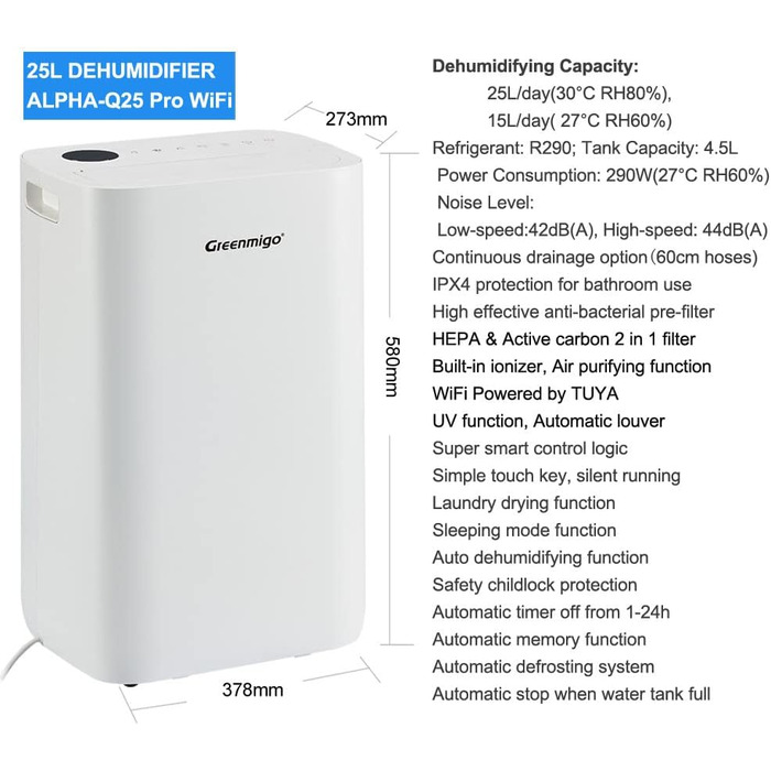 Зволожувач повітря Greenmigo 13л/24г - електричний, для дому, 50м², тихий, з функцією очищення повітря, проти вологи та плісняви
