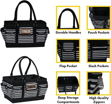 Everything Mary Blaugruner, geometric deluxe store and tote bag, organizer for crafts, sewing, paper, art, desk, canvas, accessories, storage with handles for travel (black and white stripes)