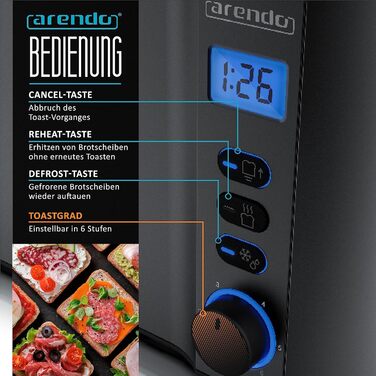 Тостер Arendo з нержавіючої сталі з 4 широкими слотами, подвійними стінками, тримачем для булочок, 6 ступенів підсмажування, центровкою хліба, автоматичним вимкненням та дисплеєм з індикатором часу (чорний)