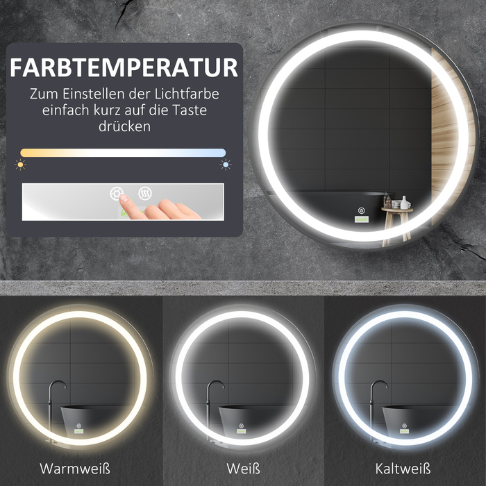 Kleankin LED Bathroom Mirror Ø60cm, Bathroom Mirror with 3 Light Colors, Touch Function, Memory Function, IP44, Black for Modern Bathroom