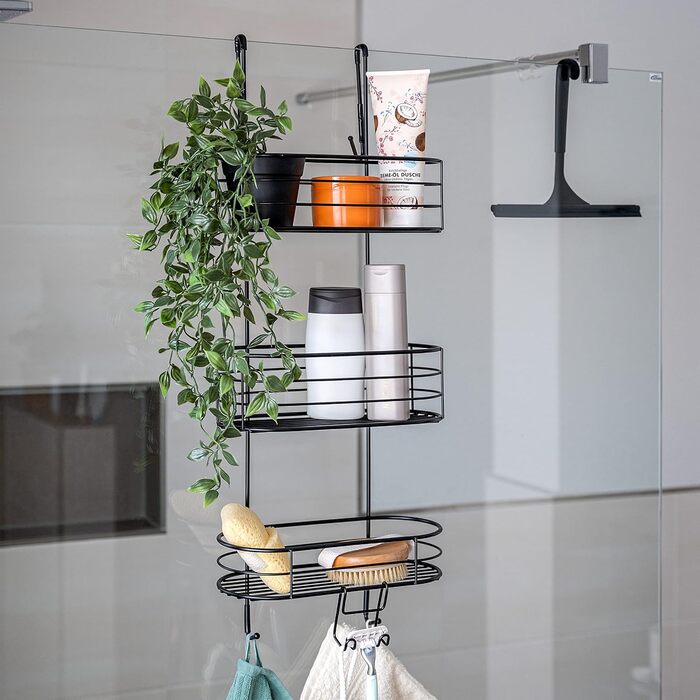 Bremermann Shower Shelf, 3 Tiers, for Hanging, with Removable Hook and Four Fixed Hooks, Black