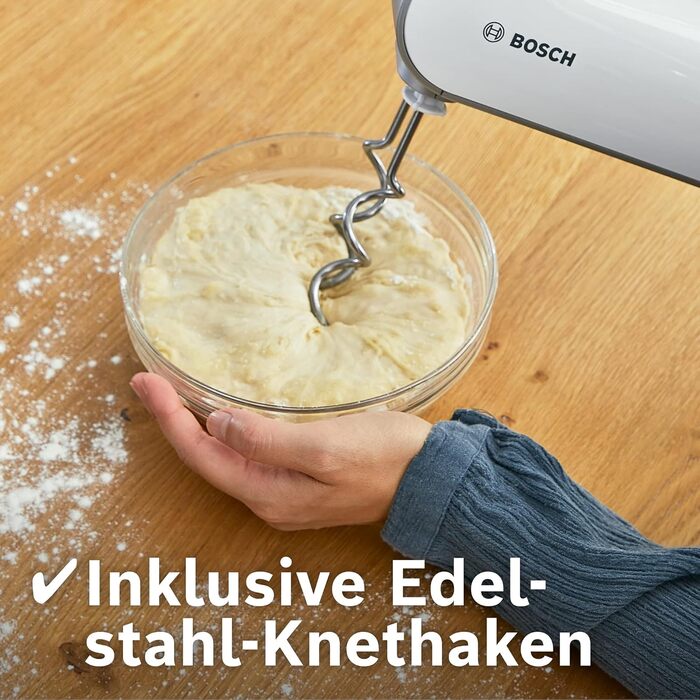 Міксер Bosch Styline MFQ4075DE: 550 Вт, 5 швидкостей + турбо, 2 віна, 2 гаки для тіста, блендер, чаша, білий/срібний