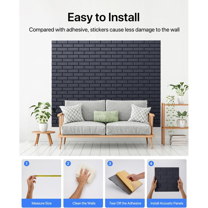 Самоклеючі акустичні панелі для шумоізоляції стін, звукопоглинаючі плити-цеглини високої щільності для декору та звукозахисту, 30x30x0.9 см, темно-сірі (12 шт)