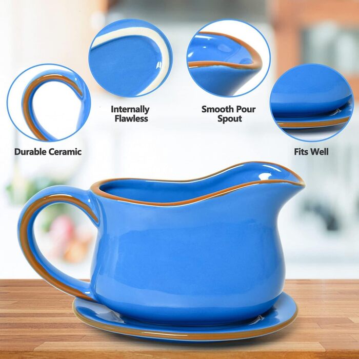 Porcelain sauce dish with drip-free spout for sauces, ceramic, for warming sauces, salad dressings, milk and more, microwave and dishwasher safe, (Ceylon Blue)