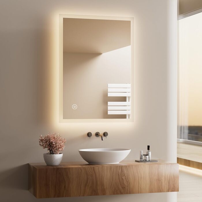 Дзеркало для ванної кімнати з підсвічуванням LED 80x60 см, регульоване, 3 кольори світла (3000K/4000K/6500K), антизапарник, вертикальна/горизонтальна установка, без збільшення 3x