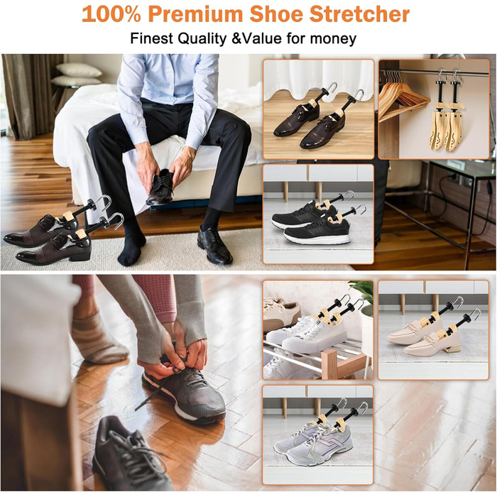 JJDPARTS Shoehorn Wood, Men's and Women's Shoehorn, 4-Way Shoe Stretcher, Shoe Widener for Adjustable Length and Width with Shoe Spoon