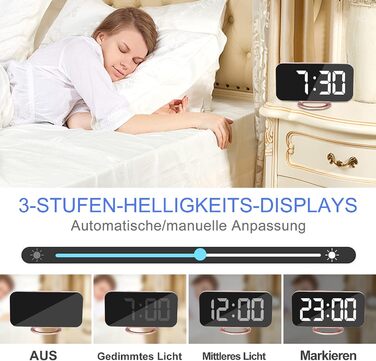 Цифровий годинник-дзеркало SZELAM з LED-дисплеєм 7 дюймів, 2 USB-порти для зарядки, функція відкладання, автоматичне регулювання яскравості, годинник для дому (рожеве золото)
