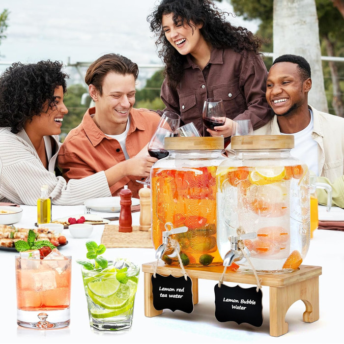 Скляний диспенсер для напоїв на підставці 2x4L з нержавіючою сталею, з краном для соків, води, домашніх напоїв, вечірок та свят