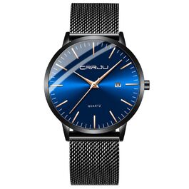 Годинник чоловічий CRRJU ультратонкий водонепроникний з чорним міланським браслетом з нержавіючої сталі, кварцовий, аналоговий, бізнес-стиль, чоловічий годинник, колір - синій