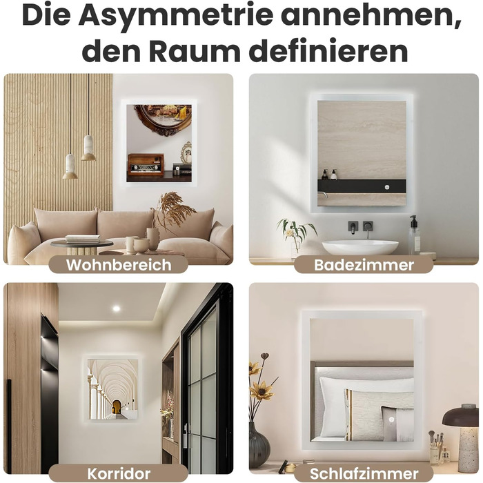 Дзеркало для ванної кімнати з підсвічуванням 70x50 см | LED дзеркало | IP54 вологостійке | Сенсорне управління | Настінне дзеркало | Горизонтальна/Вертикальна установка 6500K холодне біле світло