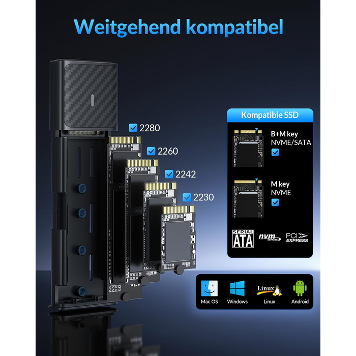 Зовнішній корпус для M.2 SSD SETMSPACE NVMe та SATA, алюмінієвий адаптер USB для M-Key та B&M-Key, безінструментальна збірка, сірий