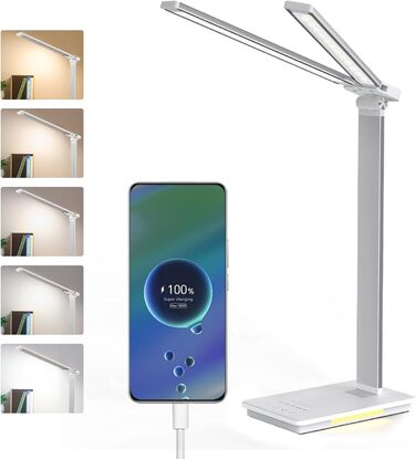 Лампа настільна LED LENDO з двома головками, регульована яскравість 700 люмен, 5 рівнів регулювання, 5 кольорових режимів, USB-порт для зарядки та вбудований акумулятор 2000mAh, для дітей, спальні, читання (срібна)