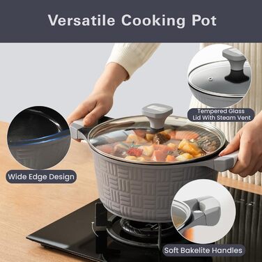 Набір посуду UCCLIFE 17 предметів: каструлі, сковорідки з антипригарним покриттям, керамічний набір, антипригарна сковорода, каструля, суповарка, безпечний, для індукційних плит, кухонний набір, сірий колір