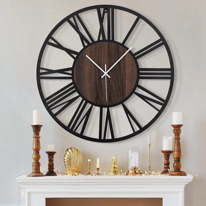 HAITANG Round Wall Clock, Black, 34 cm, for Living Room, Decoration, Vintage Style, Roman Numerals, Silent, Non-Ticking, Wall Clocks for Home, Garden, Office, Cafe Decoration (50 cm, Black)