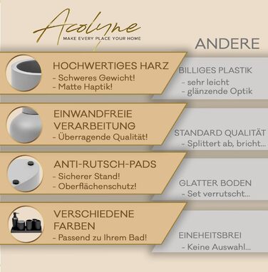 Набір аксесуарів для ванної кімнати Acolyne® Premium (5 шт.) з високоякісного гірського воску | Набір дозаторів для мила, органайзер для ванної кімнати, стакан для зубної пасти | Сірий колір