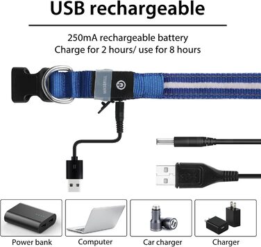 Світловідбиваючий нашийник для собак MASBRILL з LED-підсвічуванням, водонепроникний, 3 режими освітлення, синій