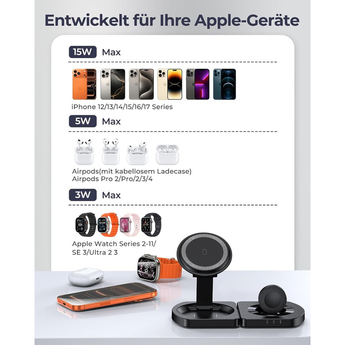 Бездротова зарядка Induktive для iPhone 17 Air/16/15/14/13/12, 3-в-1 з підтримкою MagSafe, Apple Watch та AirPods, чорний матовий