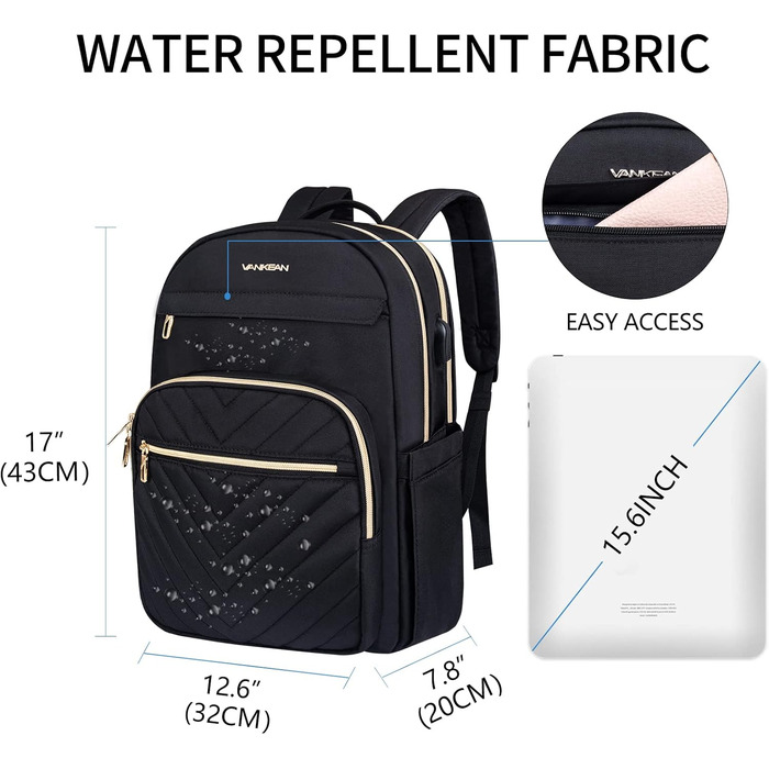 Чорний рюкзак для ноутбука 15.6 дюймів Vankean: водонепроникний, з USB-портом для зарядки, для жінок та чоловіків, для роботи, навчання, подорожей та кемпінгу