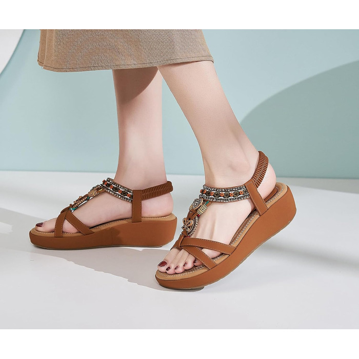 Босоніжки жіночі літні богемні на танкетці Keilsandalen, коричневі 42 EU, з камінням та перлами, 5 см