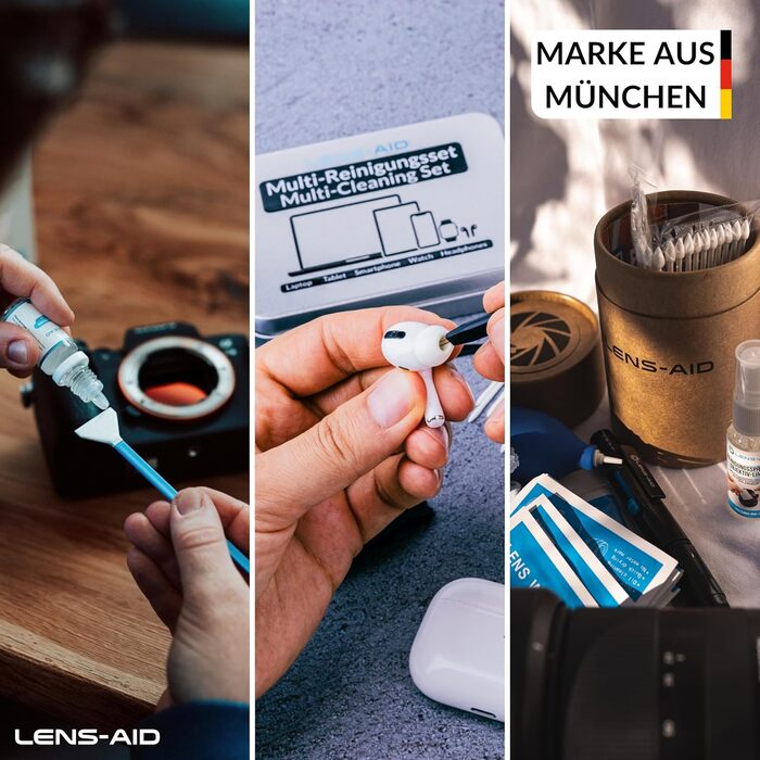 Набір для чищення камери LENS-AID 8-в-1: для об'єктивів, камер повного формату та APS-C. З рідким очищувачем, мікрофіброю, стайками, серветками, стиком, повітряним насосом та іншим.