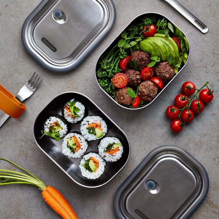 Ланчбокс BLACK+BLUM з нержавіючої сталі 600 мл, помаранчевий, 3-в-1, вакуумна кришка, герметичний, з гофелем, силіконовою стрічкою та роздільником, підходить для духовки й морозильної камери, 20x14x6 см, контейнер для їжі з відсіками
