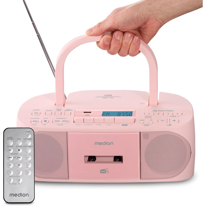 MEDION DRX-1 Plus Boombox: Портативна радіосистема з DAB+, Bluetooth, CD-плеєром, MP3, касетним провідником, AUX, акумулятором та мережевим живленням, зелений/рожевий колір