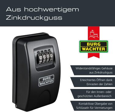Ключниця-сейф Burg Wächter Key Safe 10 з 4-цифровим кодом для зовнішнього та внутрішнього встановлення, чорна
