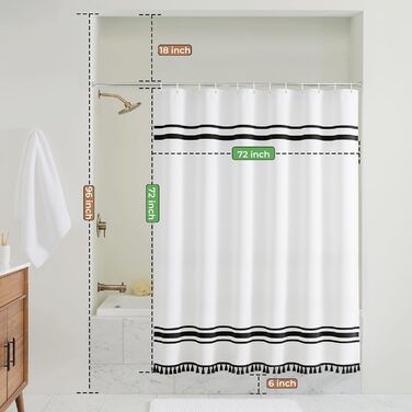Штора для душу Seasonwood чорно-біла в смужку, 183x183 см. Бохо штора для ванної кімнати з пензликами, водонепроникна