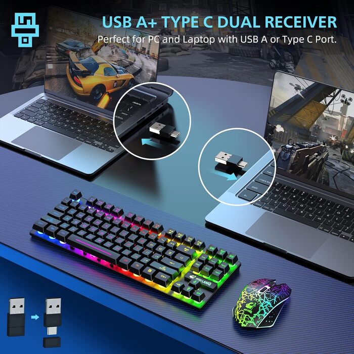 Механічна ігрова комбо клавіатура та миша з підсвічуванням Rainbow: клавіатура 87 клавіш, миша 2400DPI з 6 кнопками, та килимок для миші (чорний)