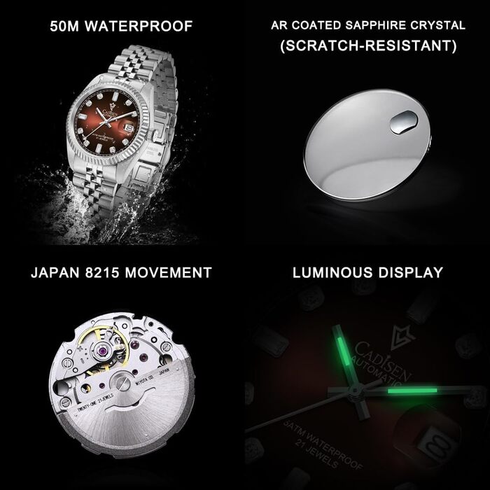 Годинник CADISEN Automatik для чоловіків: механічний годинник з сапфіровим склом та сталевим браслетом