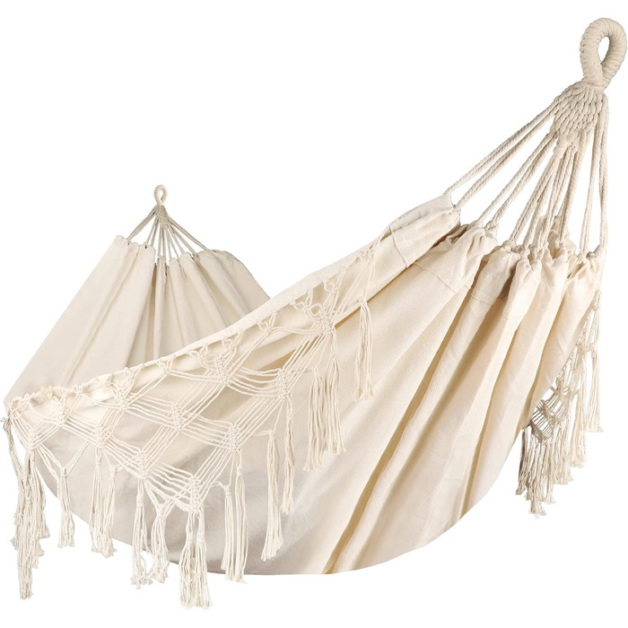 Bellzacasa Large Brazilian Hammock, Fabric Camping Hammock with Portable Bags Ropes for Hanging from Trees Soft Striped Canvas Cotton (Beige)