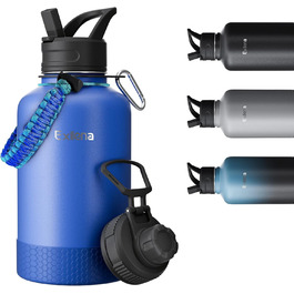 2L Stainless Steel Water Bottle with Straw, Double-Insulated 2 Liter Water Bottle with Two Lids and Protective Silicone Boot, Paracord Handle for Easy Carrying - (2000 ml, Blue)