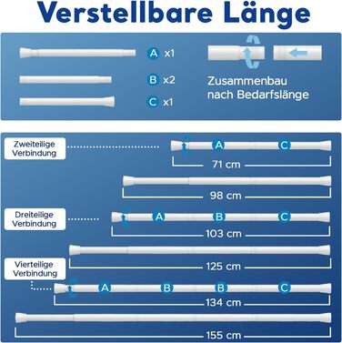Штанга для карнизів без свердління, біла, 71-155 см, Ø 25 мм, телескопічна, для штор, душової завіси та гардеробу