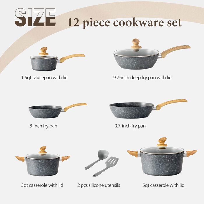 Kitchen Academy Induction Cookware Set - 12-Piece Gray Granite Cookware Set, Non-Stick Cookware and Pan Set, PFOA & PFOS-Free