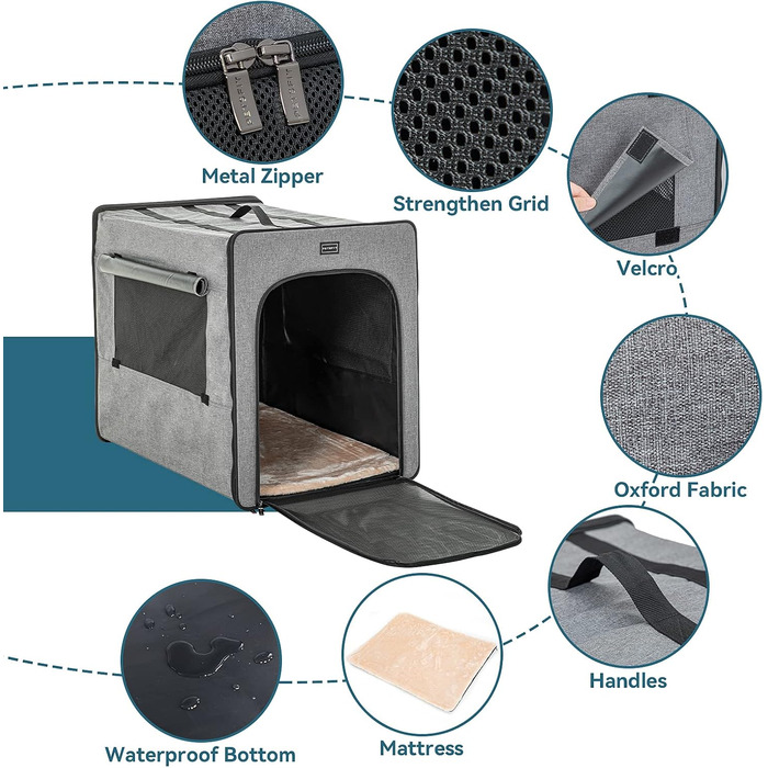Транспортна переноска для собак Petsfit, сірого кольору, M 61x46x53.5 см. Зручна переноска для собак середніх порід, підходить для подорожей.