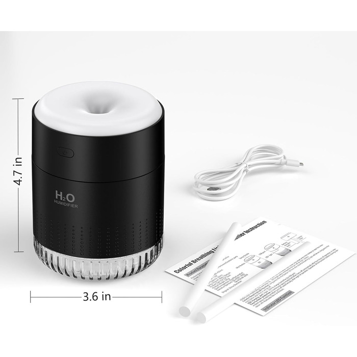 Зволожувач повітря 2L з нічним світлом для дитячої кімнати, дому та рослин, тихий (16dB), автоматичне вимкнення, до 24 годин роботи, білий (чорний)