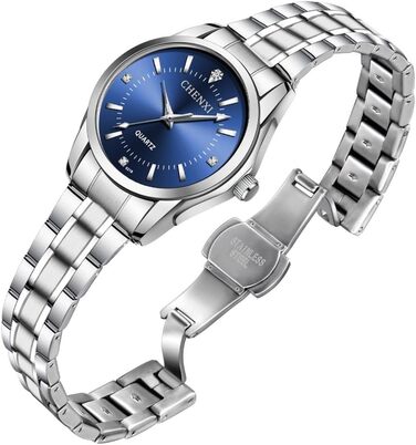 Жіночий аналоговий кварцовий годинник з нержавіючою сталею, 3 стрілки, корпус 27 мм (срібний, темно-синій)