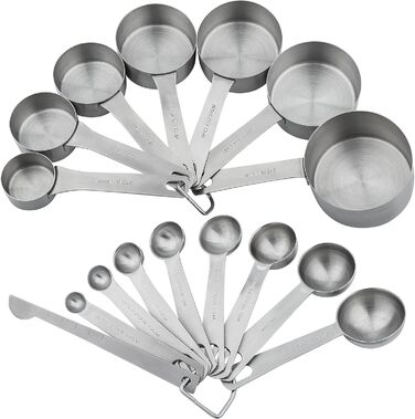 Measuring Cup and Spoon Set - 18 Piece, 18/8 (304) Stainless Steel, Robust Material - 7 Measuring Cups, 8 Measuring Spoons, 1 Leveler, 2 Rings