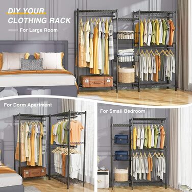 Heavy-Duty Clothes Rack, Garment Rod, Wardrobe, Freestanding Clothes Rail with Height-Adjustable Shelves and Storage Baskets, Load Capacity up to 320 kg, White (Black)
