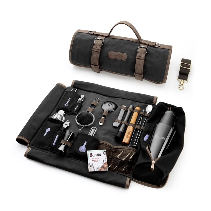Набір бармена Barillio з золотим шейкером та сумкою для подорожей - 17 предметів, вощена тканина, мобільний бар з ременем (Чорний)